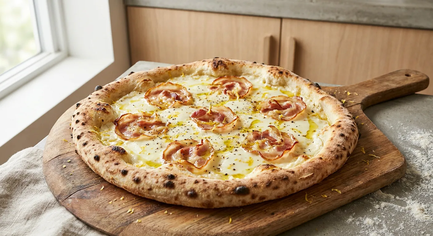 Hvid pizza med mascarpone, pancetta, citronskal og sort peber på en pizzaspade.