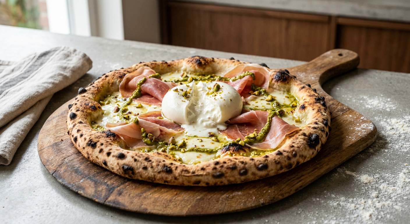 En napolitansk pizza med hvid bund, frisk burrata i midten, skiver af parmaskinke og et drys af hakkede pistacienødder på den leopardplettede kant.