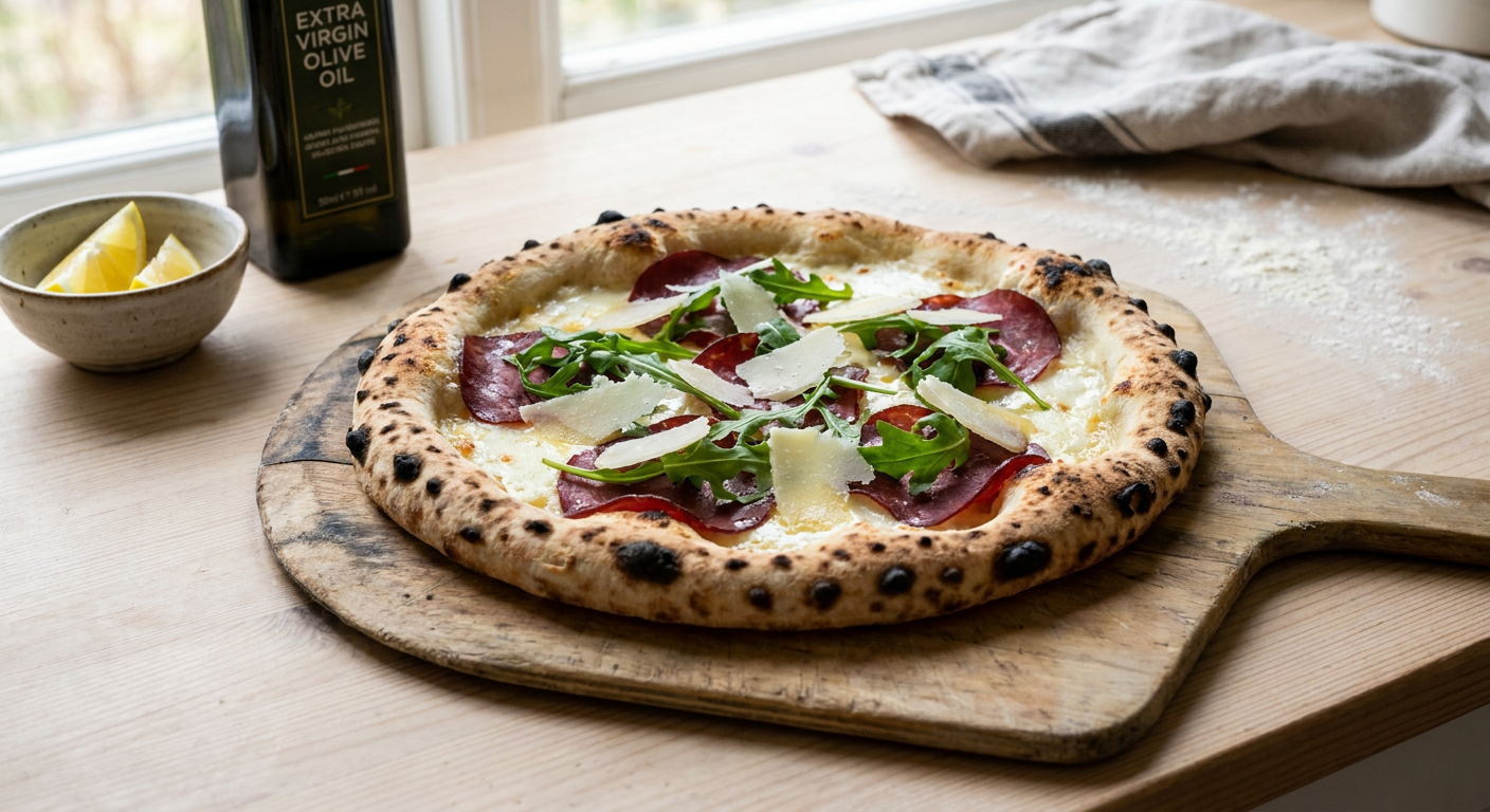 Hvid pizza med bresaola, rucola og parmesanflager på et rustikt træbord.