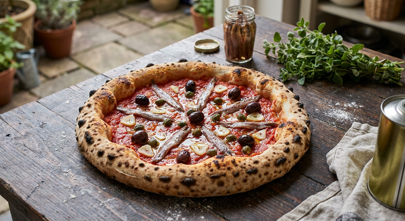 En rygende varm Pizza Napoletana med ansjoser, sorte oliven og kapers på et rustikt træbord.