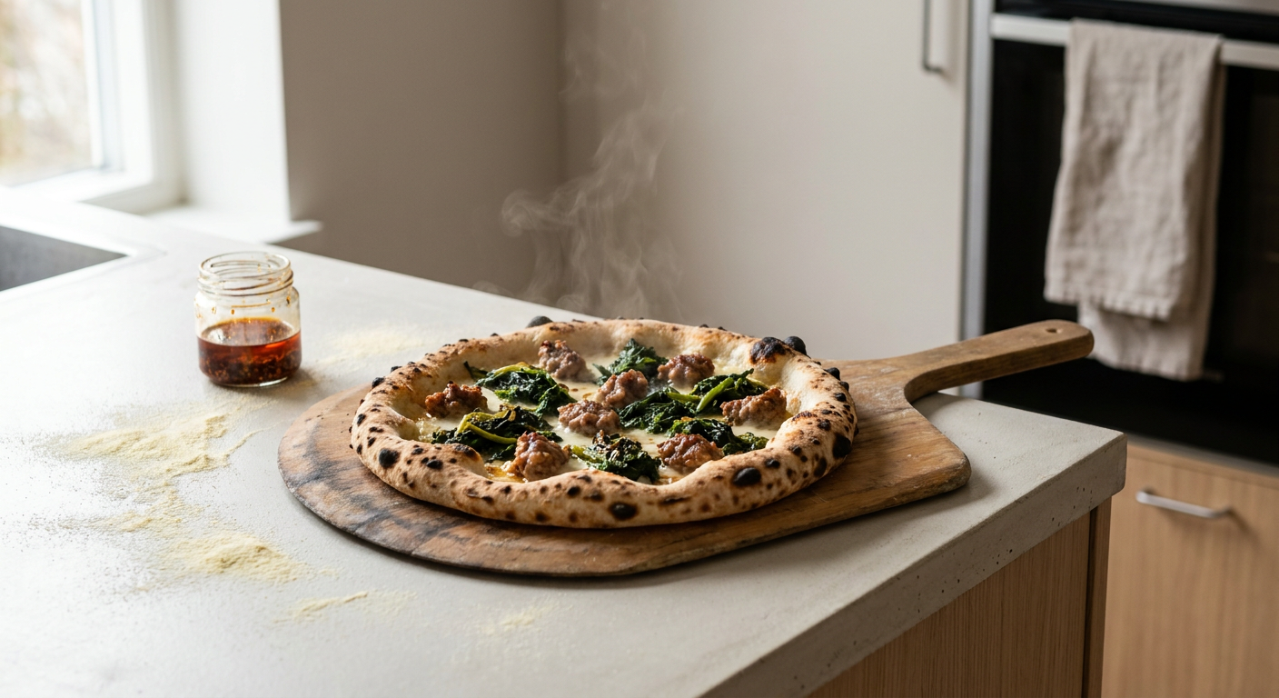 En dampende varm hvid pizza med salsiccia og friarielli-broccoli på en rustik træplade i et køkken.