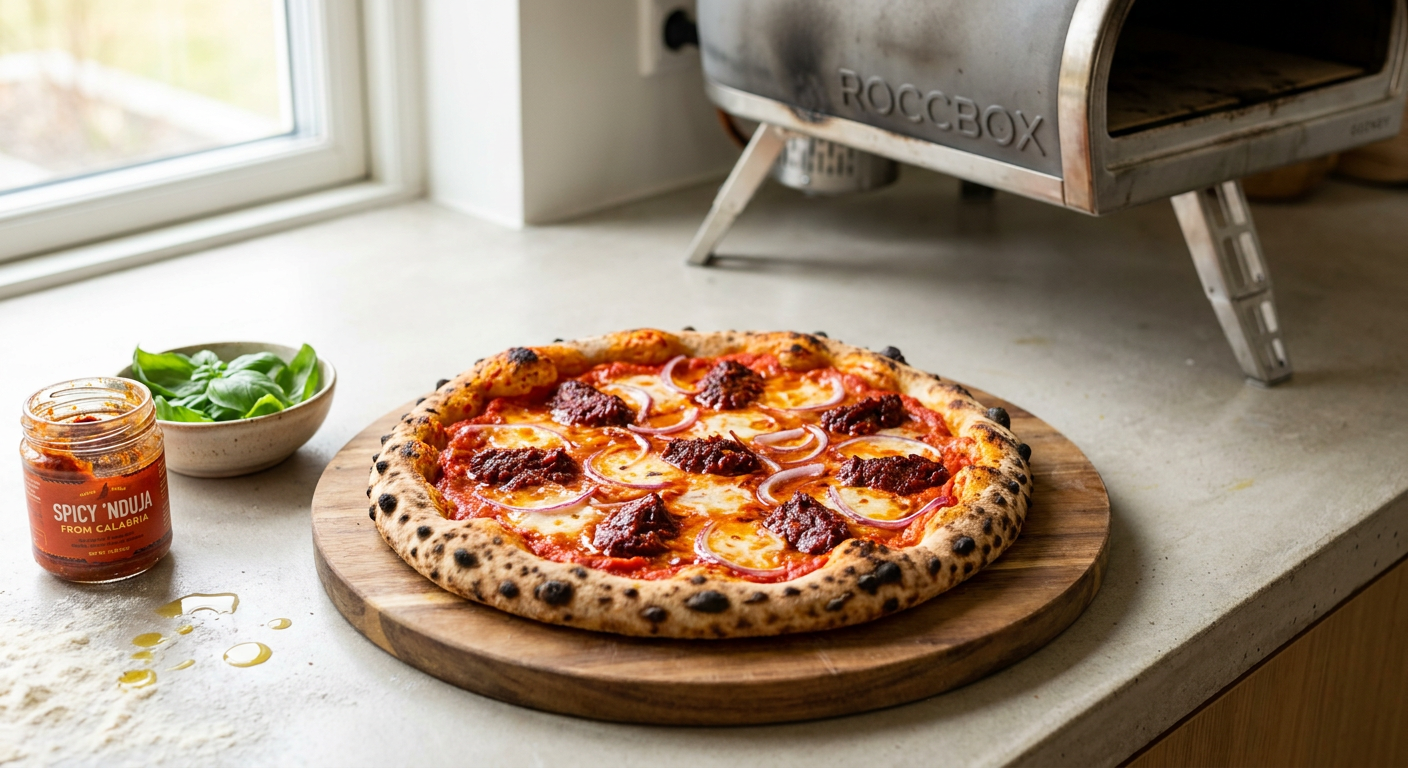 En rød napolitansk pizza med 'nduja og ristede peberfrugter på en træplade ved siden af en pizzaovn.