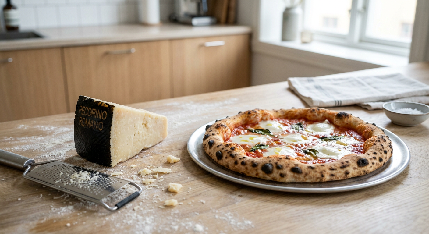 En kile af Pecorino Romano ost ved siden af et rivejern og en færdigbagt pizza på en rustik træplade.