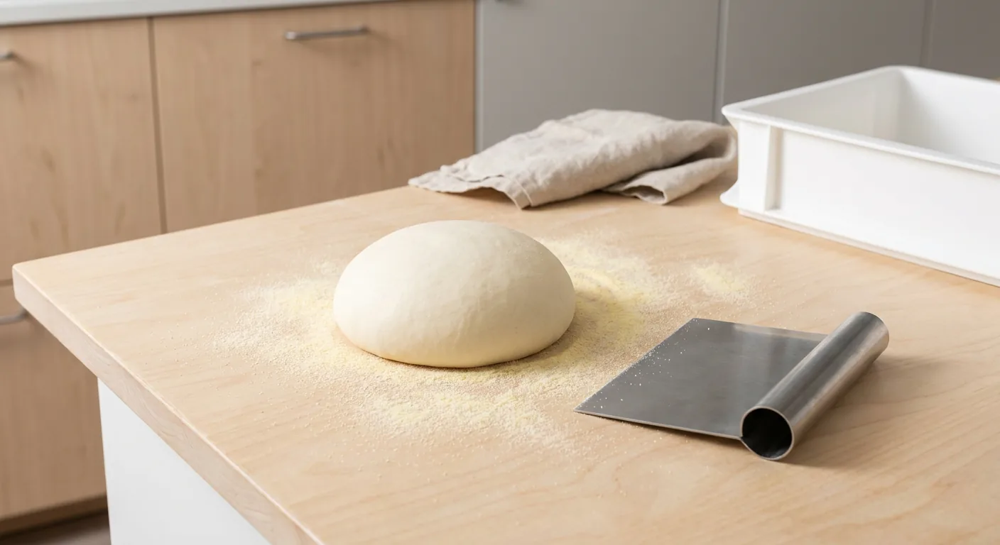 En rund pizzadej hviler på en lys bordplade med en dejspatel liggende fladt ved siden af i et nordisk køkken.