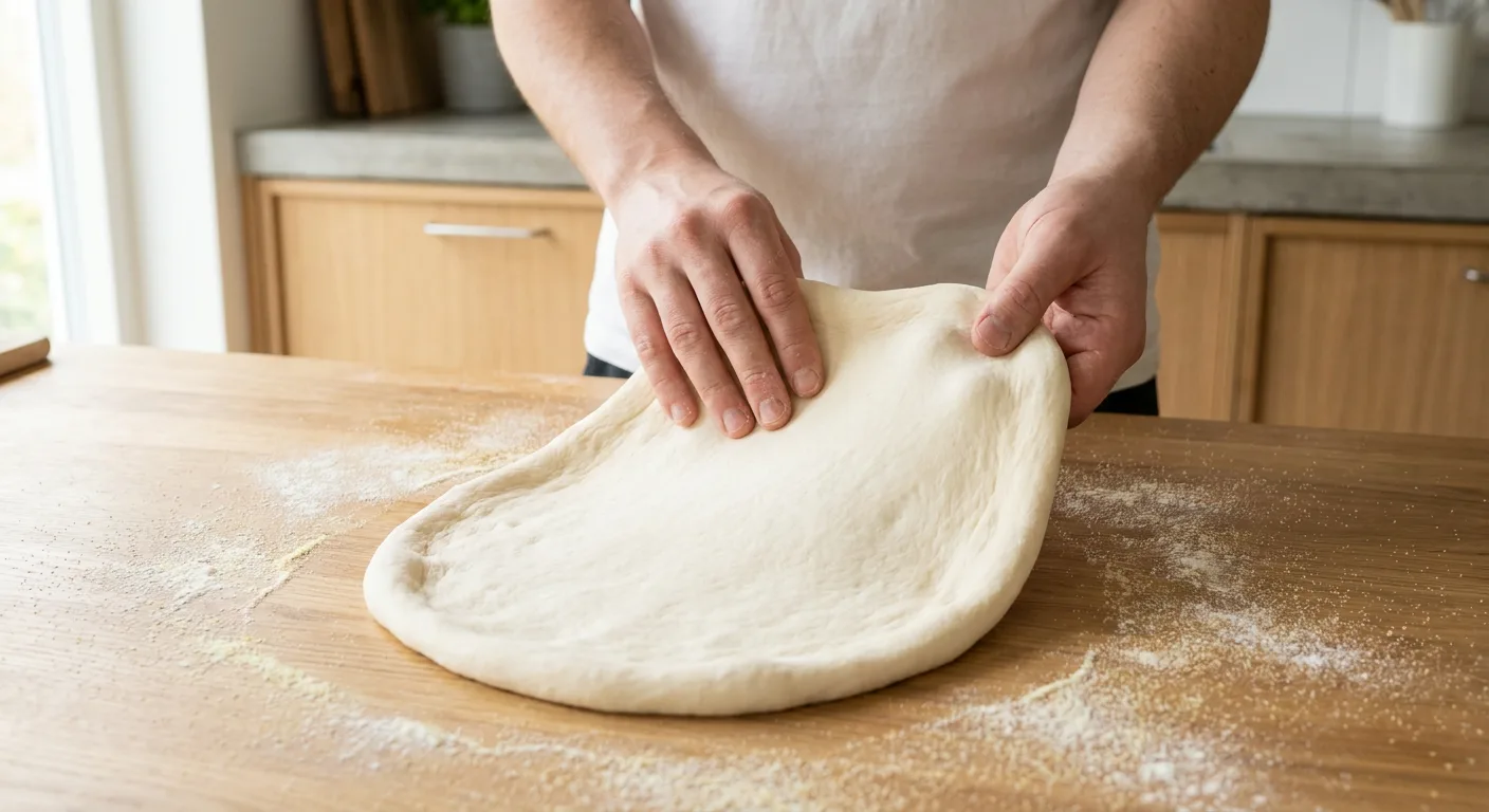 To hænder presser og strækker en helt rå, bleg napolitansk pizzadej fra midten og udad på et meldrysset trækøkkenbord i et lyst nordisk køkken.