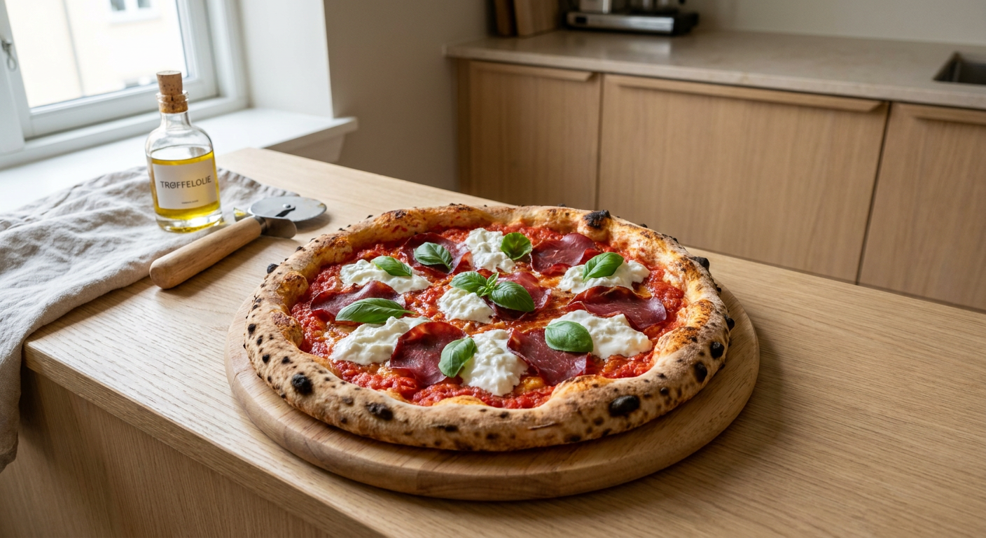 En napolitansk pizza med rød sauce, frisk hvid stracciatella, skiver af bresaola og frisk basilikum på en rustik træplade.