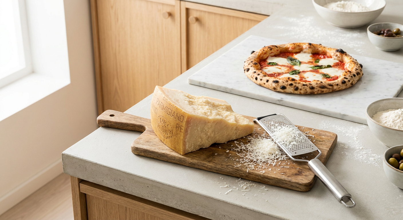 Et stykke lagret Parmigiano Reggiano ved siden af et rivejern og en færdigbagt pizza med leopardpletter.
