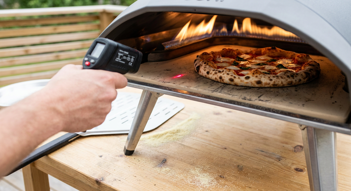 En Ooni pizzaovn i brug med et IR-termometer der måler temperaturen på stenens centrum.
