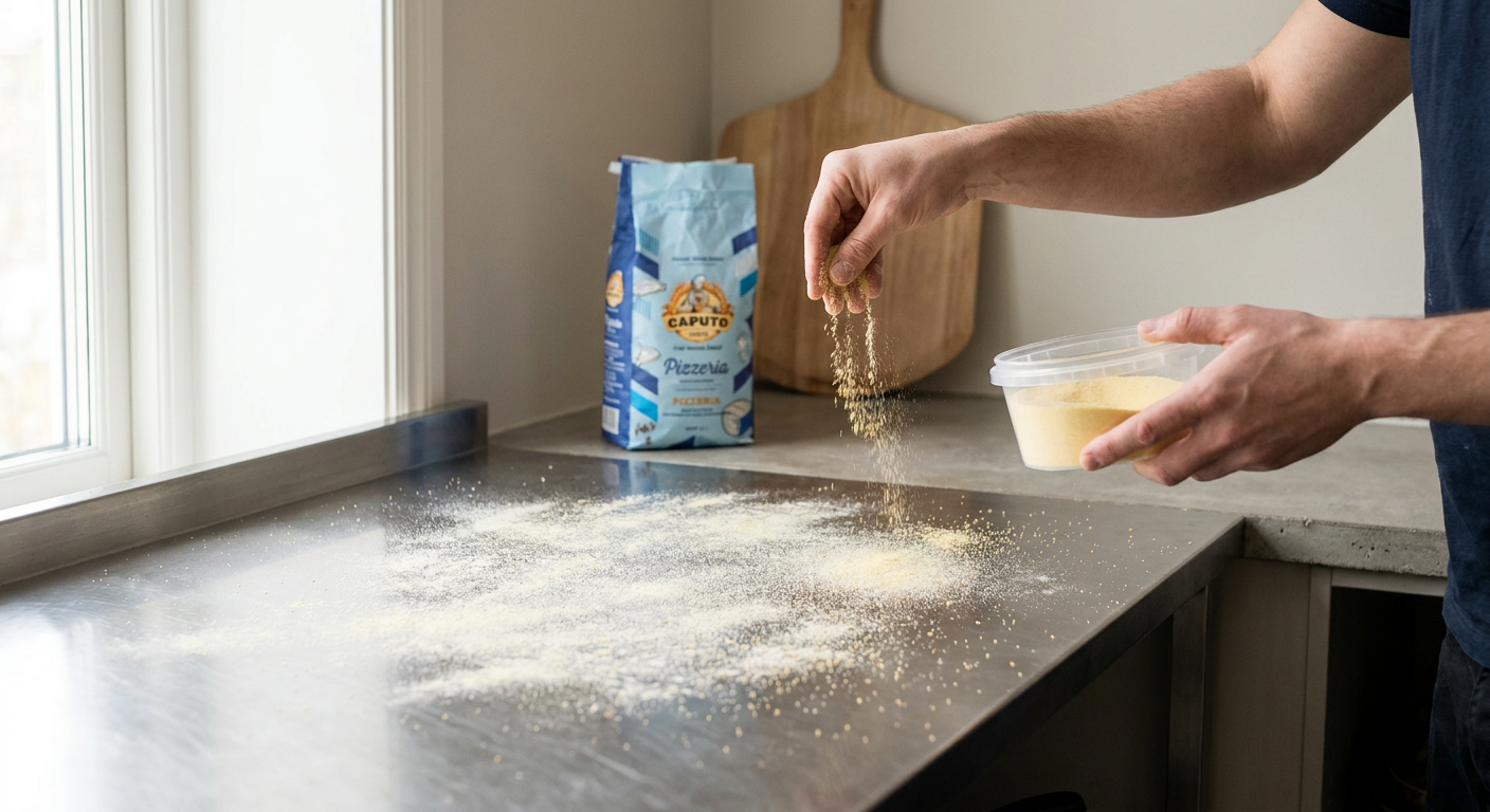 En person der drysser et tyndt lag semolamel ud over et køkkenbord ved siden af en pizzadej af mærket Caputo.