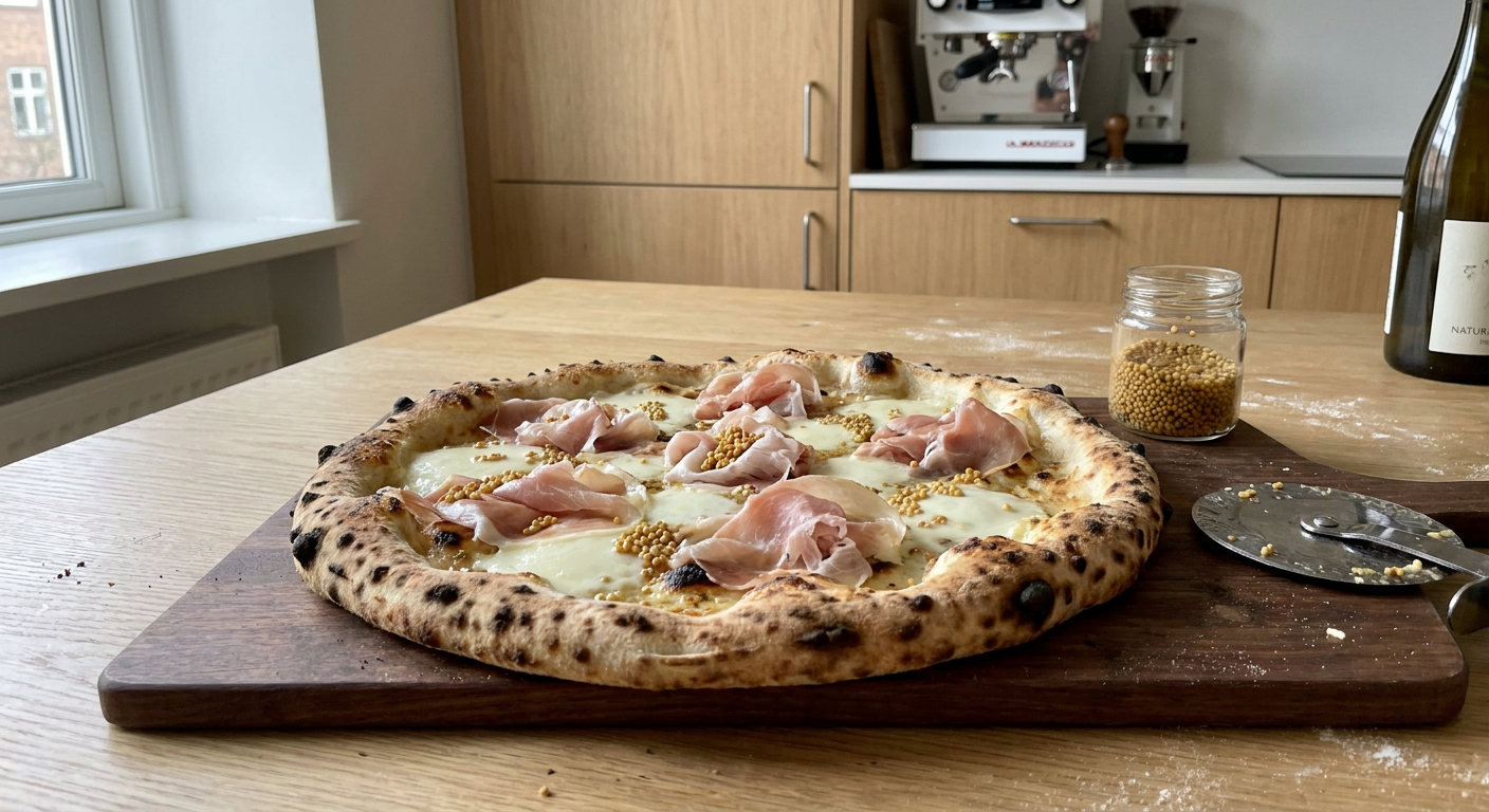 En friskbagt pizza med tynde skiver Culatello, smeltet taleggio og små syltede sennepsfrø på en luftig hvid bund.