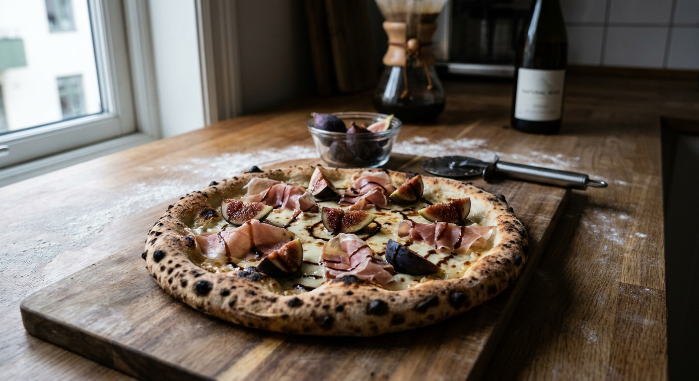 En færdigbagt hvid pizza med tynde skiver parmaskinke, friske figner i både og striber af sort balsamicoglace på et rustikt træbord.
