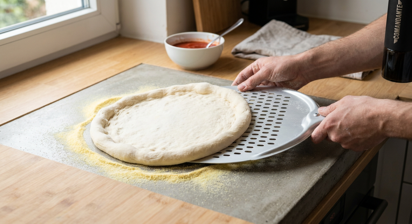 En napolitansk pizzadej der trækkes forsigtigt op på en perforeret aluminiumsspade på et bord drysset med semola.