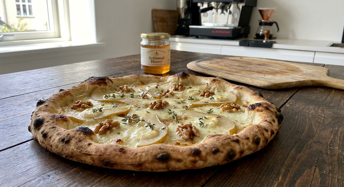 En pizza bianca med smeltet gedeost, tynde skiver pære og valnødder på en flot leopardplettet dej.