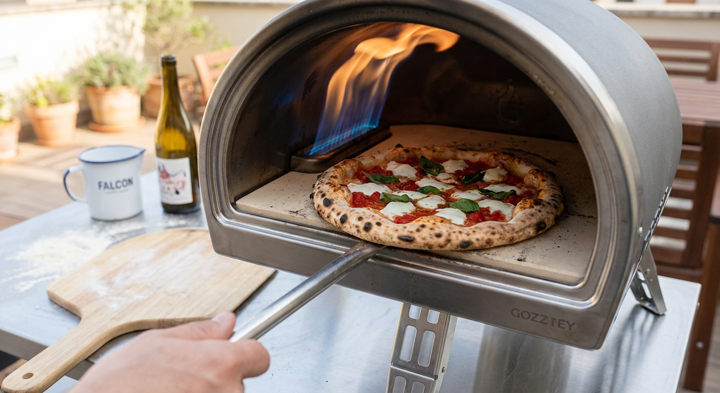 Nærbillede af en napolitansk pizza under afbagning i en gasovn, hvor flammerne ruller hen over loftet og bruner kanten.