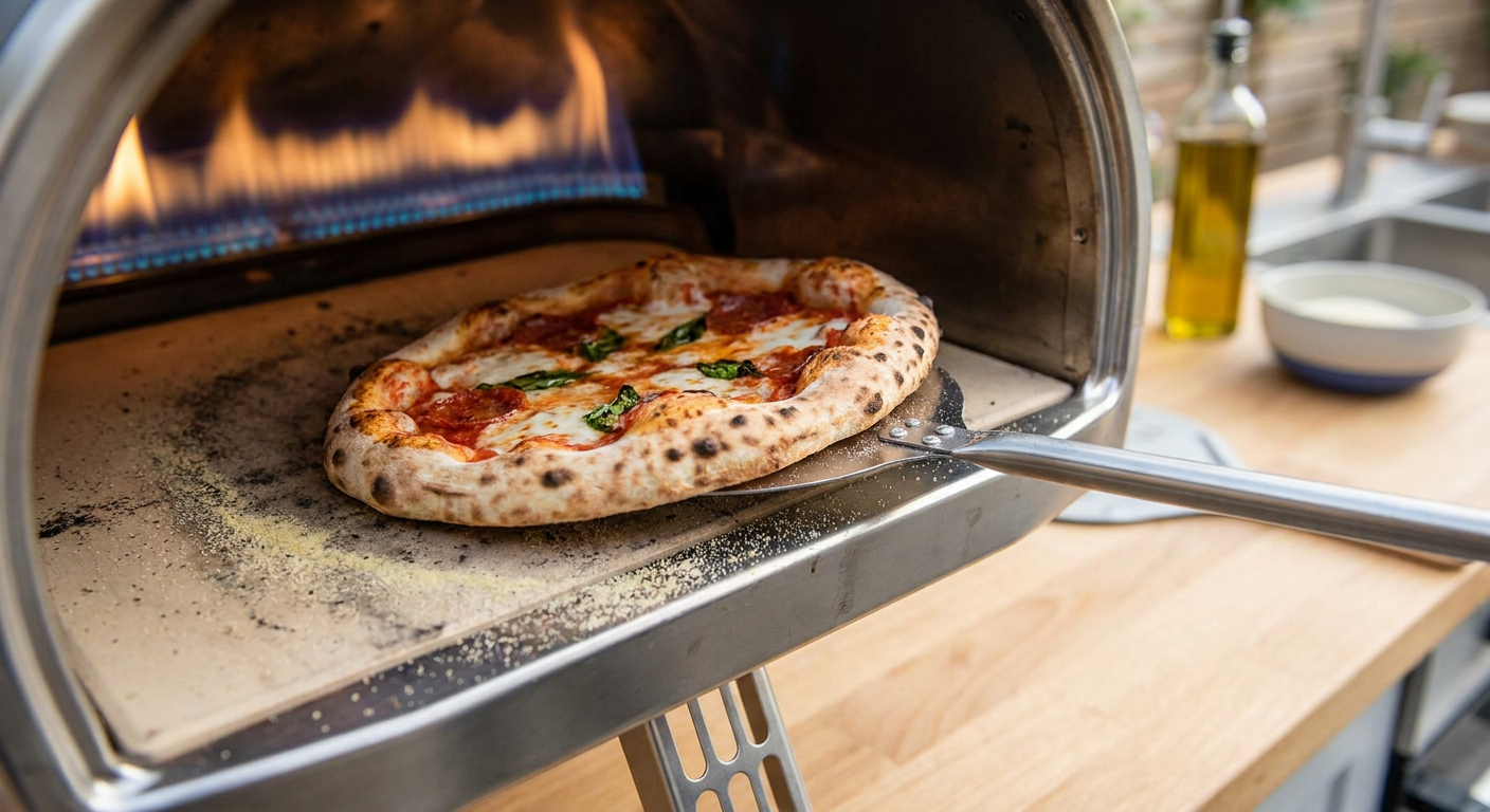 En pizzabager drejer en pizza med en lille vendespade inde i en varm gasovn med synlige flammer.