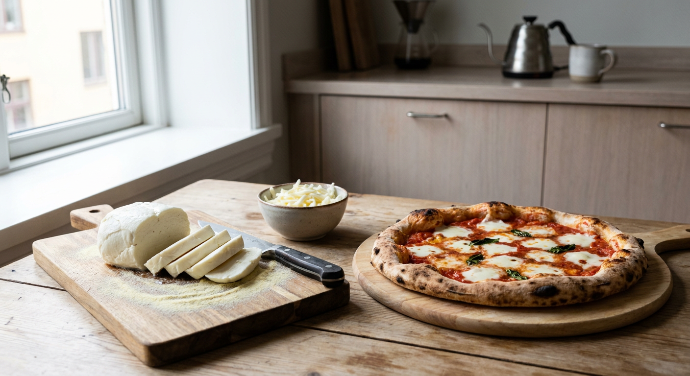 Nærbillede af en frisk blok fiordilatte i stave ved siden af en napolitansk pizza med smeltet ost.