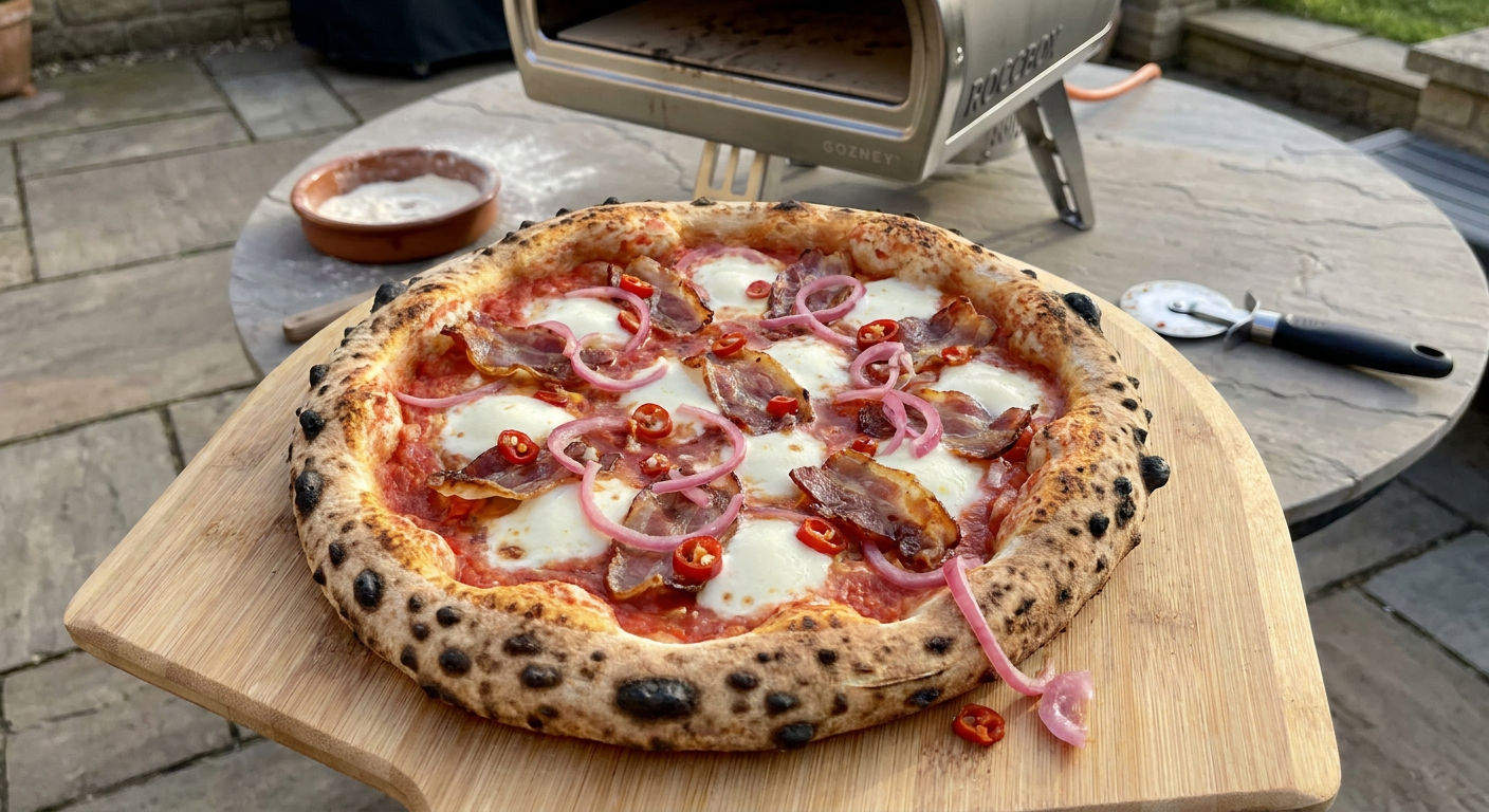 En færdigbagt pizza med pancetta, syltede rødløg, frisk chili og basilikum i en have med en pizzaovn i baggrunden.
