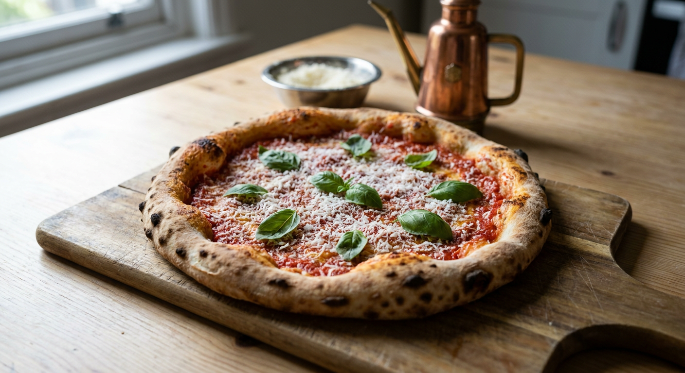 En Pizza Cosacca med mørkerød tomatsauce, fintrevet Pecorino Romano og friske basilikumblade på en rustik træplade.