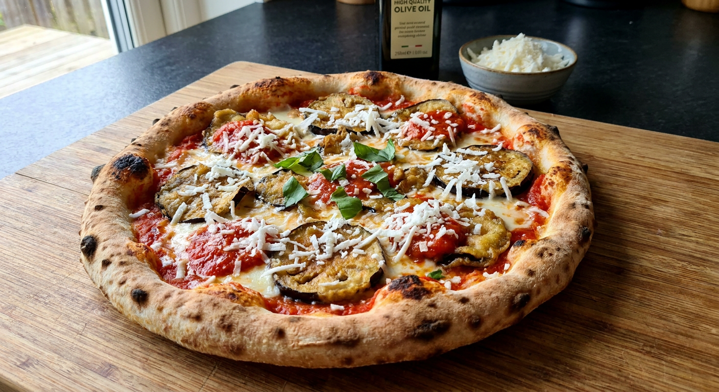 En Pizza Norma med tynde skiver stegt aubergine, revet hvid ricotta salata og frisk basilikum på en rød bund.