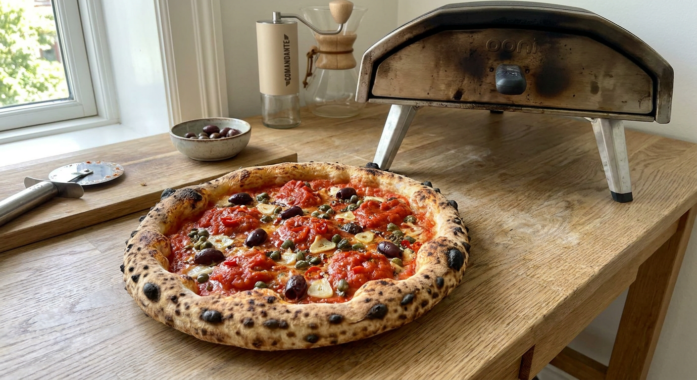 En færdigbagt Pizza Puttanesca med tykke kanter, sorte oliven og masser af rød sauce på et rustikt træbord ved siden af en pizzaovn.