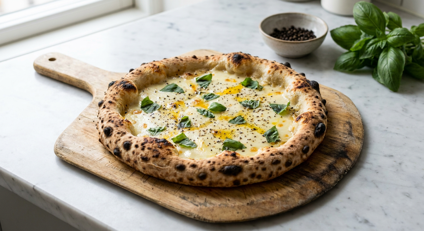 En Pizza Pizza Cosacca Napoletana med smeltet røget provola, frisk basilikum og et drys sort peber på en spættet bund.