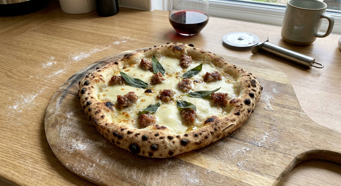En hvid pizza med smeltet taleggio-ost, små bidder af salsiccia og sprøde salvieblade, placeret på et rustikt træbræt ved siden af en pizzaovn.