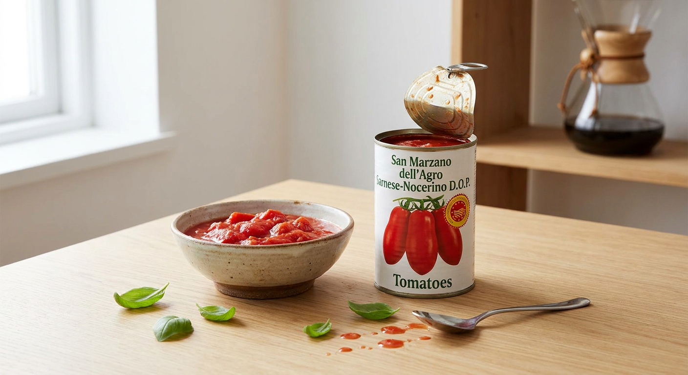 En åben dåse San Marzano D.O.P. tomater ved siden af en skål med knuste tomater og et par friske basilikumblade på et træbord.