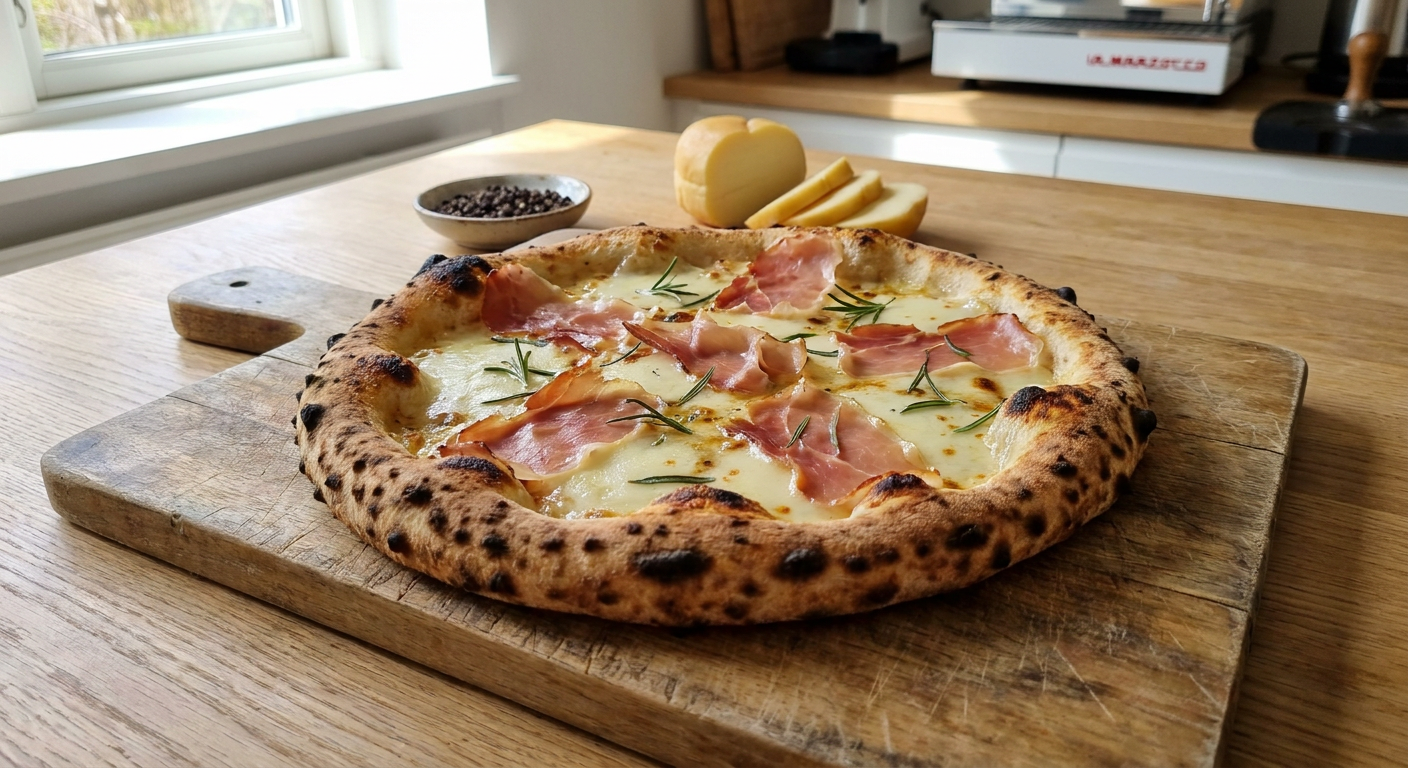 En færdigbagt pizza med speck, smeltet scamorza og sorte peberkorn på et rustikt træbord.