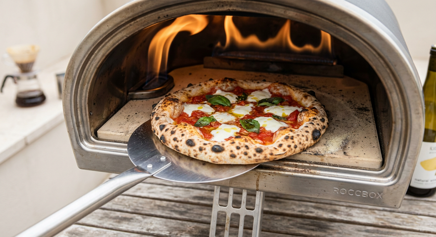 En lille rund vendespade af rustfrit stål løfter kanten af en pizza inde i en glohed pizzaovn.