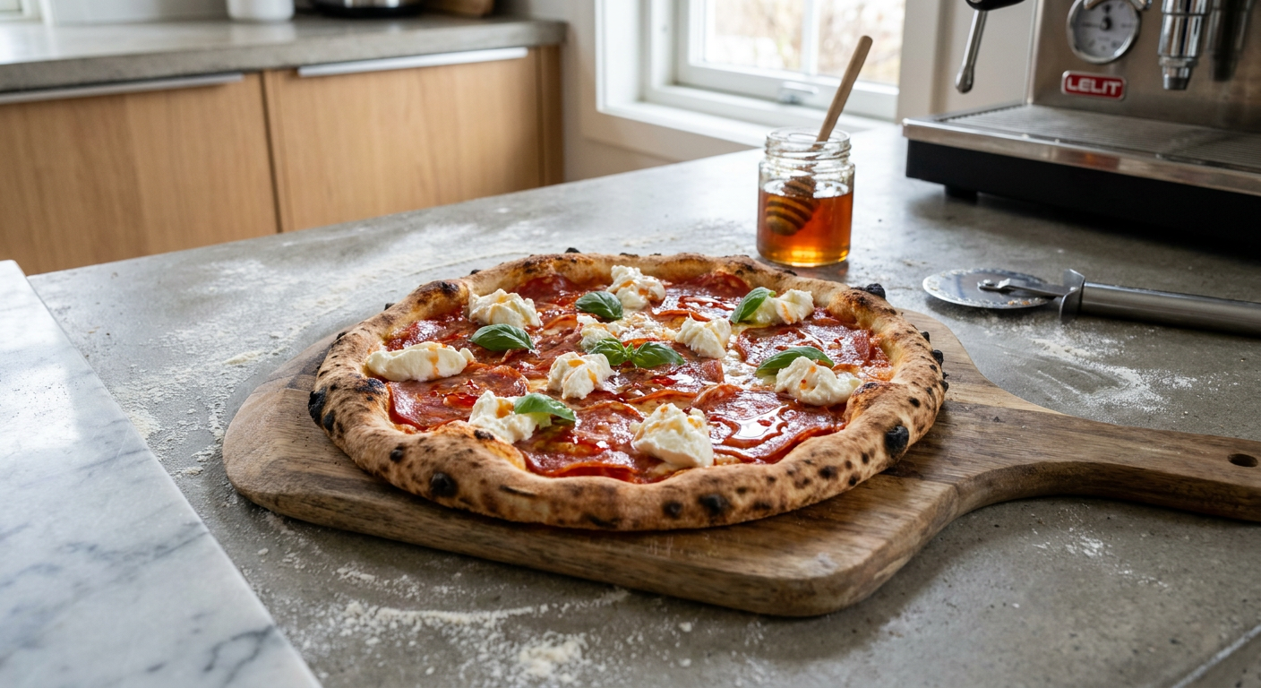 En friskbagt napolitansk pizza med Ventricina-salami, hvide klatter af mascarpone og skinnende chilihonning.