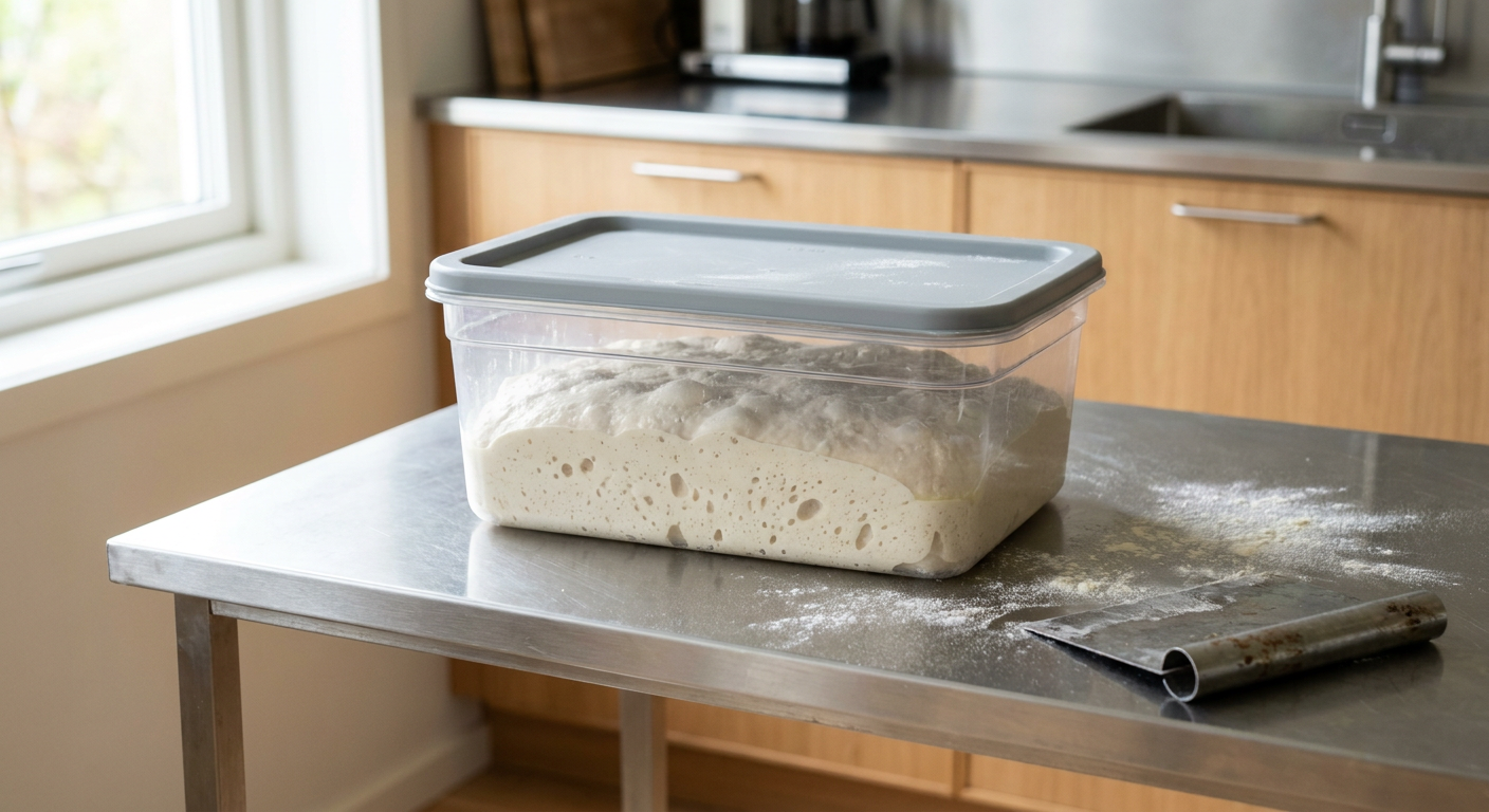 En stor mængde pizzadej der hviler i en gennemsigtig hævebeholder efter bulk-fermentering.