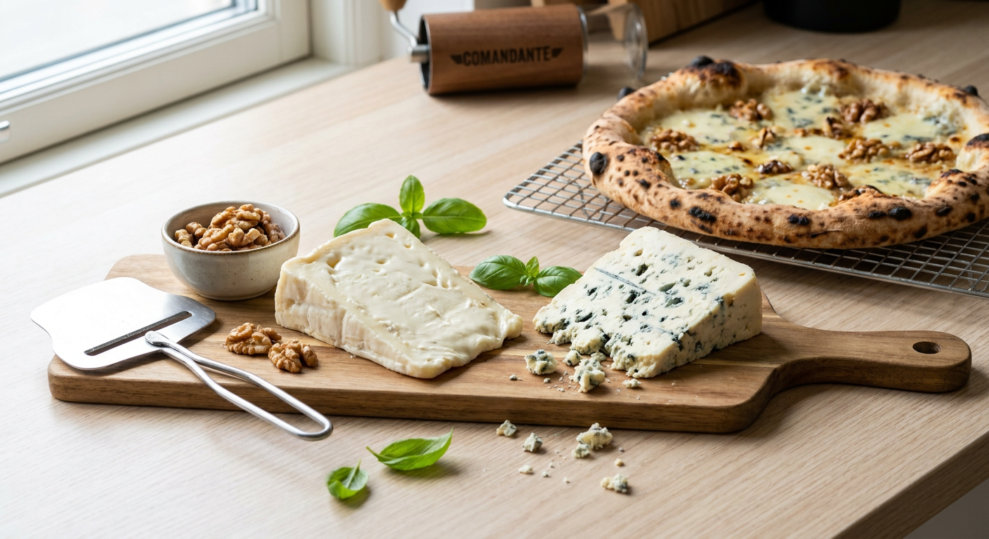 To typer gorgonzola, Dolce og Piccante, skåret i stykker på et skærebræt ved siden af en friskbagt pizza.