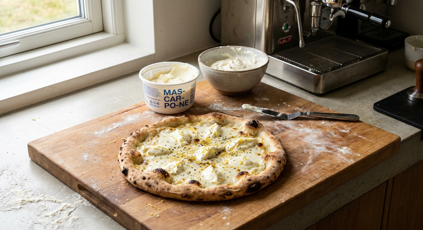 En hvid pizza med mascarponebase, friskkværnet peber og citronskal på en rustik træplade.