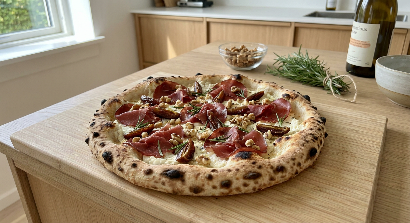 En Pizza Bianca med ricotta, bresaola, dadler og valnødder på en perforeret pizzaspade af aluminium.