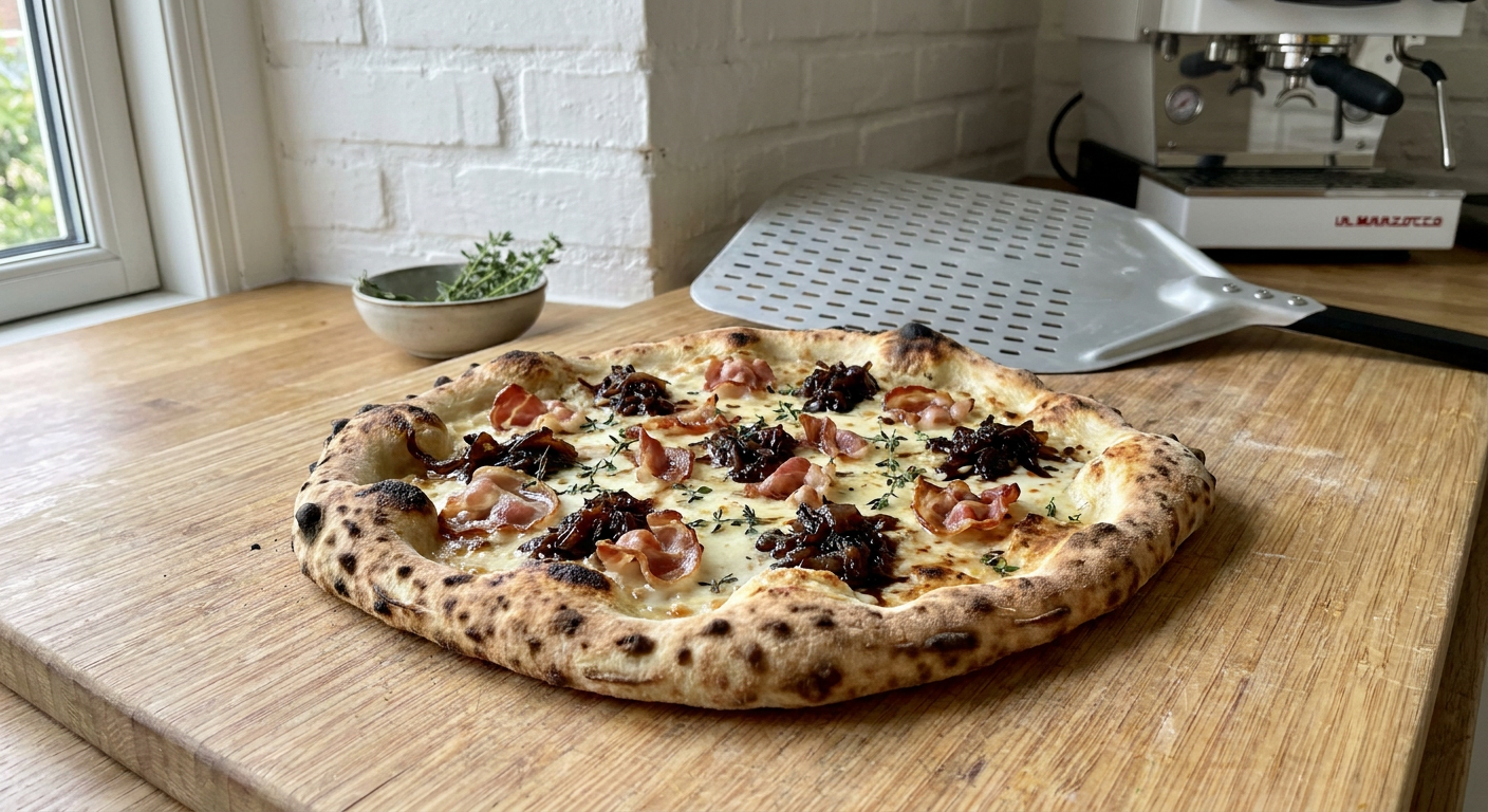 En færdigbagt hvid pizza med pancetta og mørke balsamico-løg på et rustikt træbord ved siden af en pizzaspade.