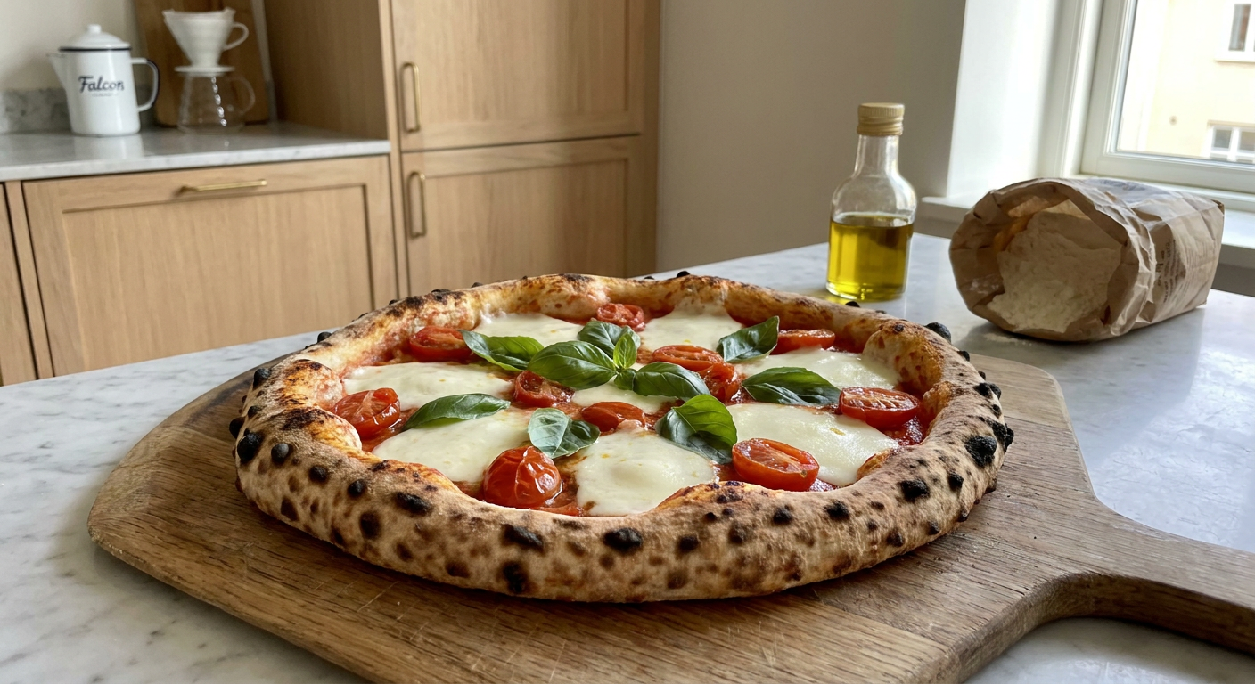En friskbagt Pizza Bufalina med store stykker hvid bøffelmozzarella og halverede datterini-tomater på en luftig bund med leopardpletter.