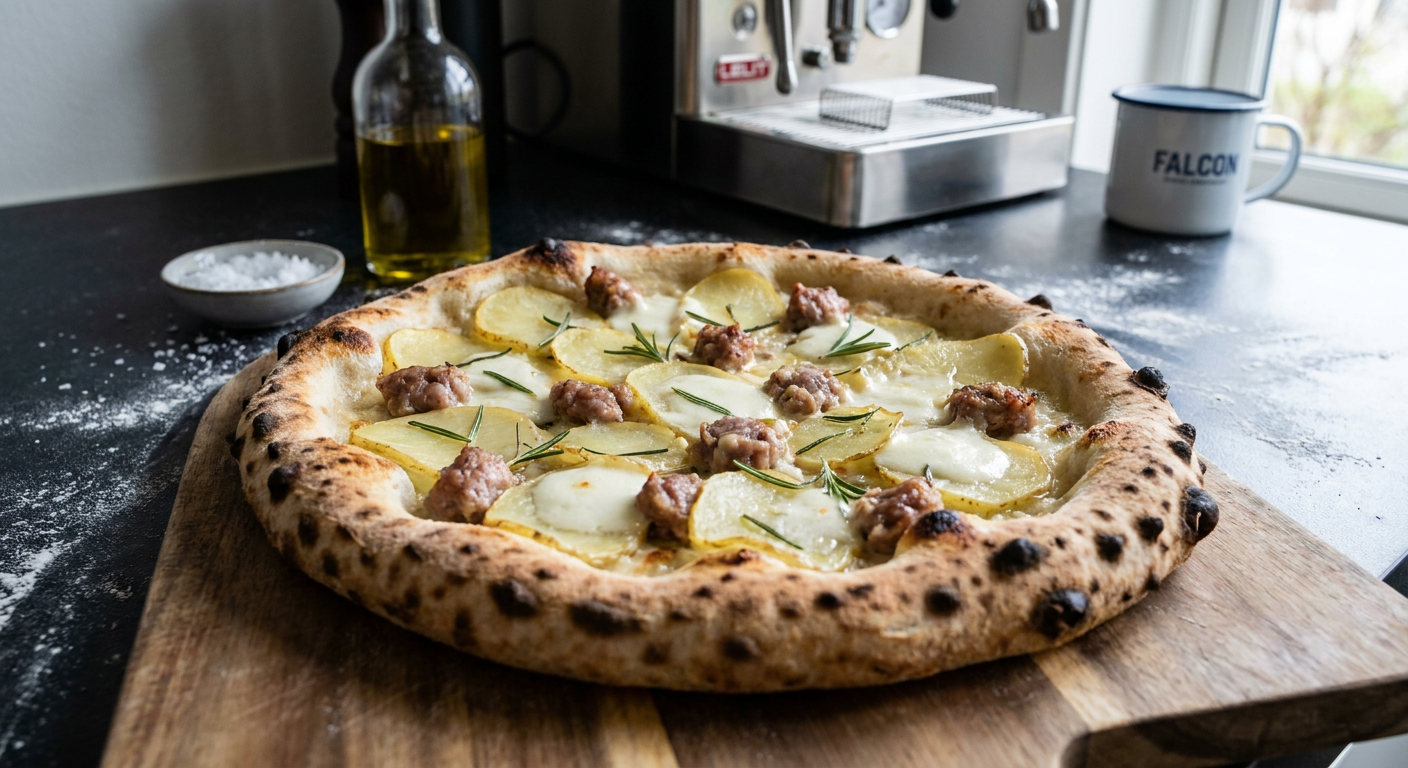 En Pizza Bianca med tynde kartoffelskiver, klumper af salsiccia og frisk rosmarin på et rustikt træbord.