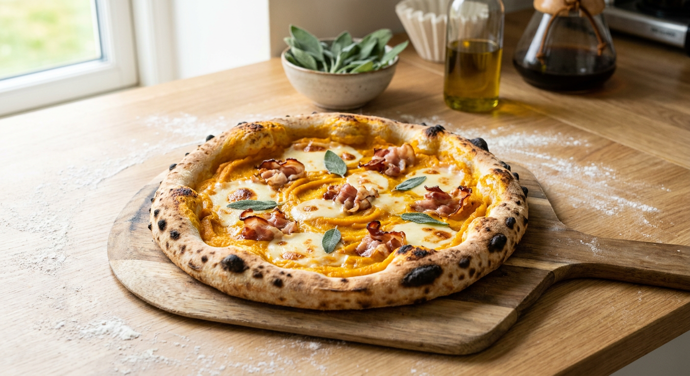 En napolitansk pizza med græskarpuré, smeltet scamorza og sprøde stykker pancetta i en stenovn.