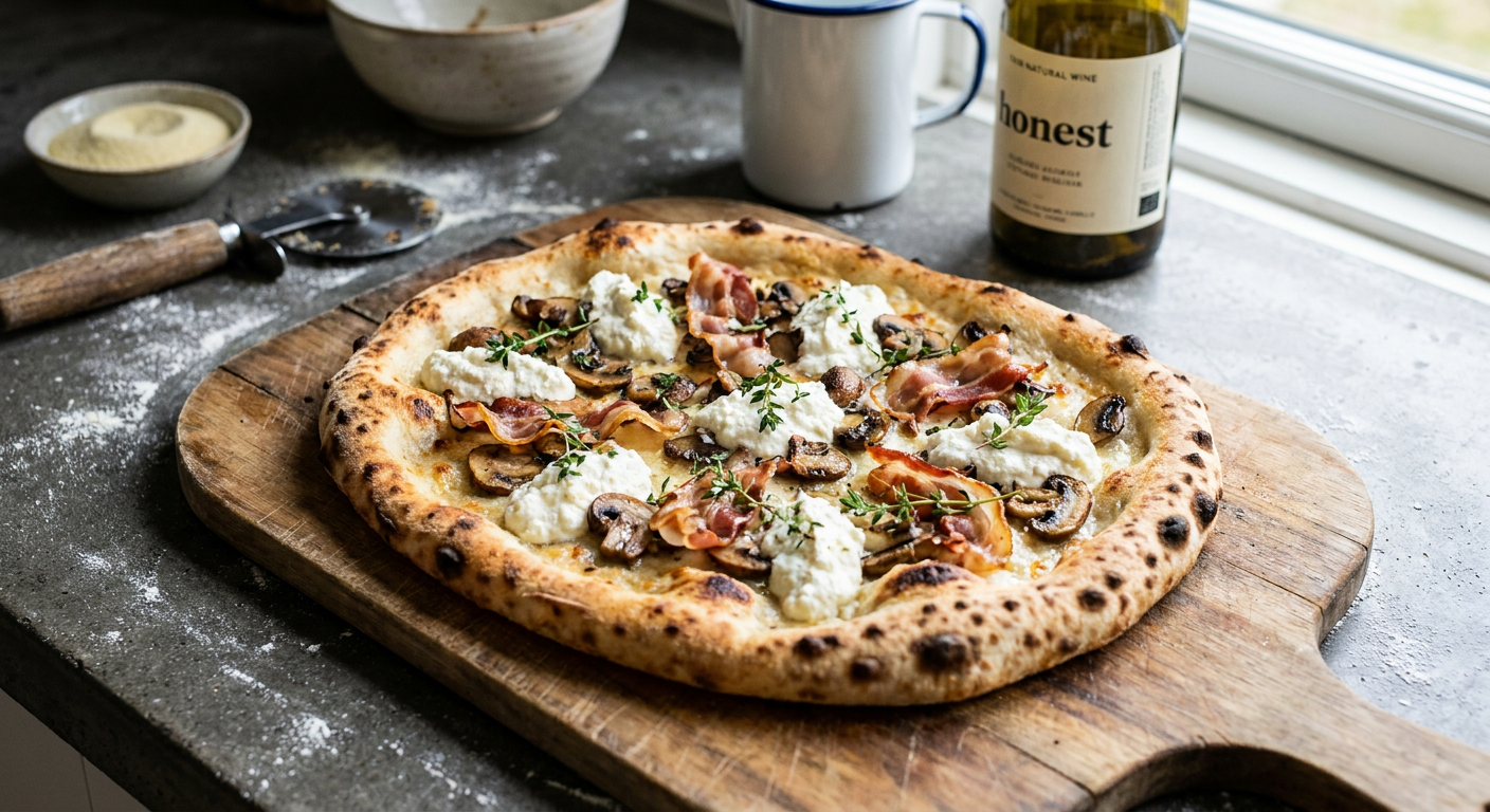 En færdigbagt hvid pizza med ricotta, svampe og sprød pancetta på en træplade.