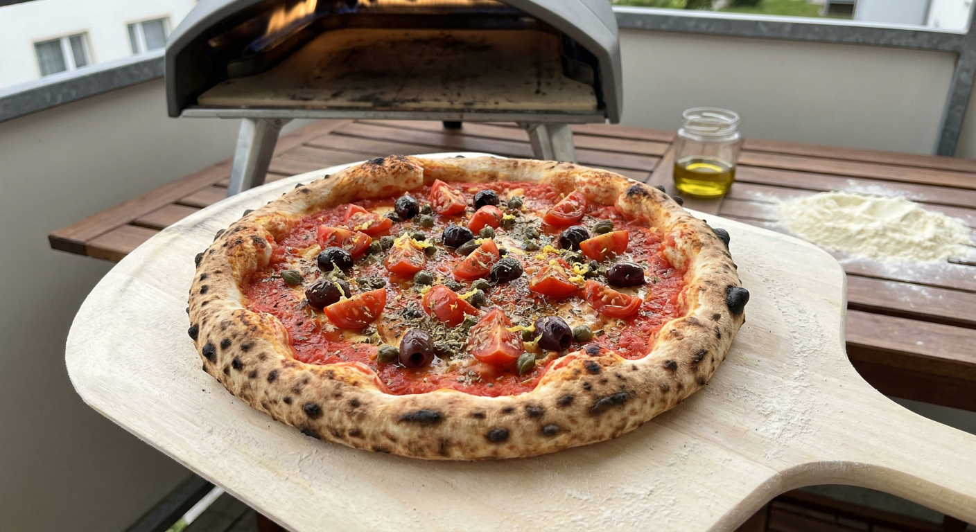 En rød pizza med cherrytomater, sorte oliven, kapers, oregano og citronskal på et rustikt træbord ved siden af en pizzaovn.