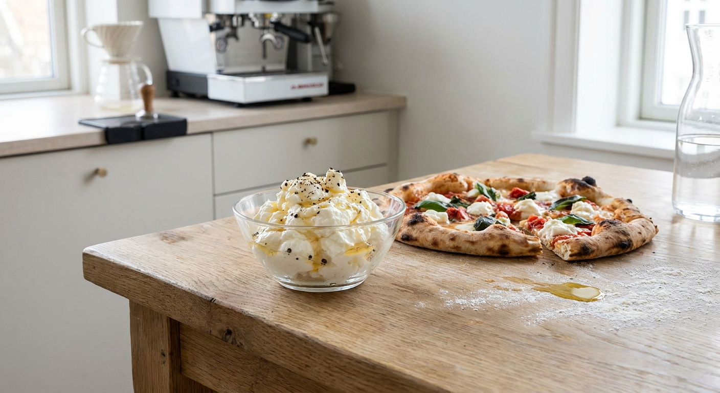 En lille glasskål med hvid ricottadip toppet med honning og sort peber ved siden af en napolitansk pizza.