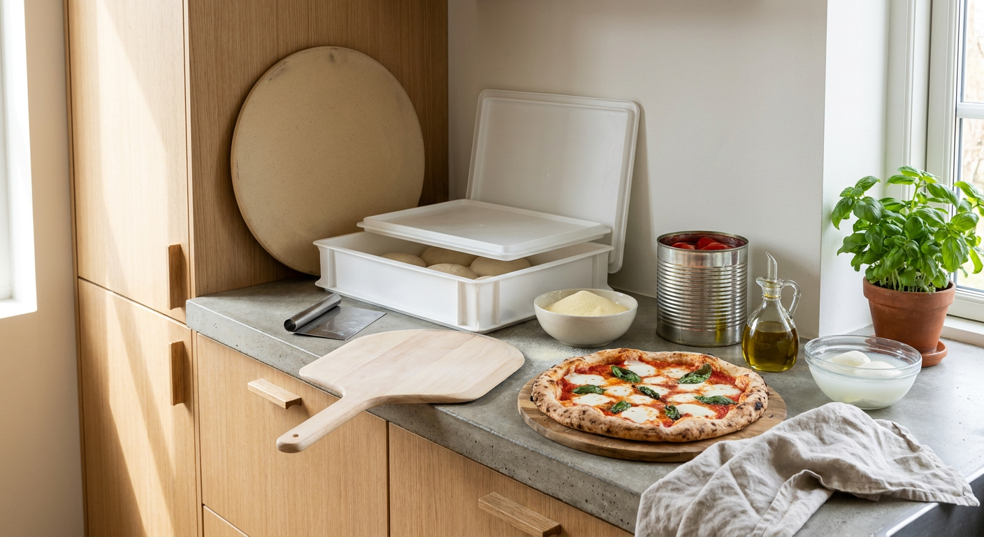 Opstilling af bageudstyr, mel og ingredienser til napolitansk pizza i et lyst nordisk køkken.