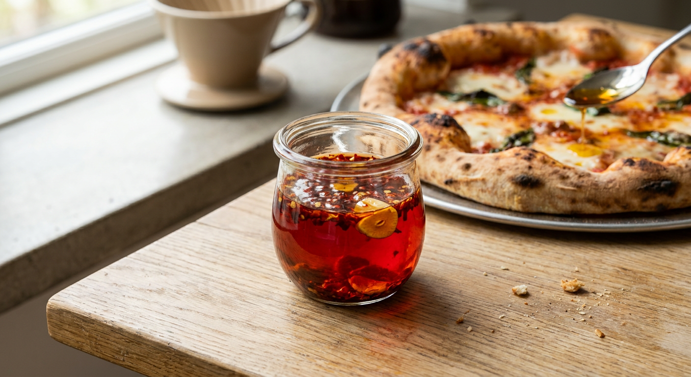 Hjemmelavet chiliolie i en lille glaskrukke ved siden af en friskbagt pizza med leopardmønstret kant.