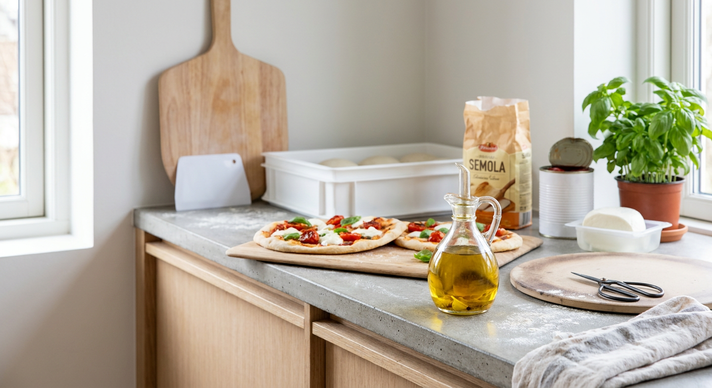 En klar glasflaske med frisk hvidløgsolie i et lyst nordisk køkken omgivet af pizzaudstyr som spade, semola og San Marzano kasser.