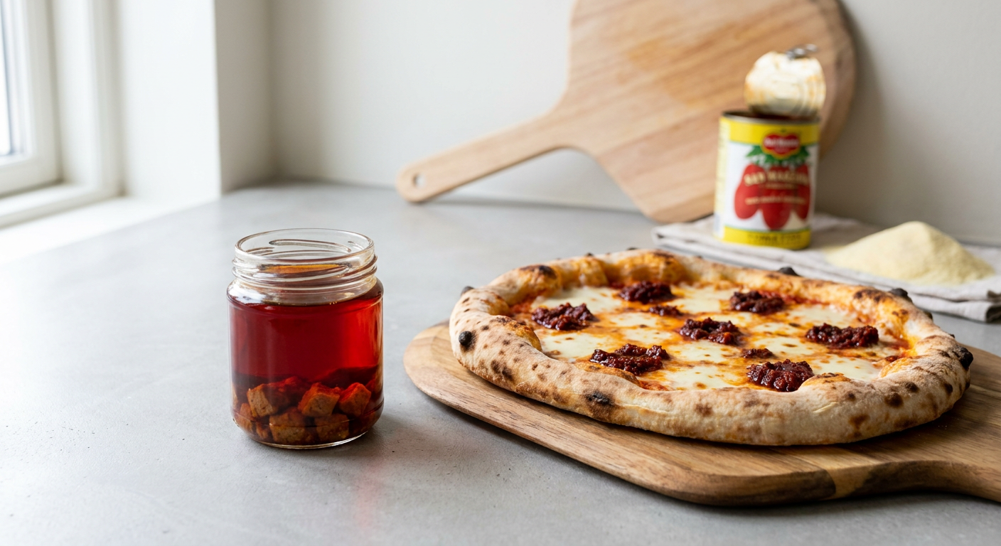 Et lille glas med hjemmelavet rød 'nduja-olie placeret ved siden af en napolitansk pizza med en flot cornicione.
