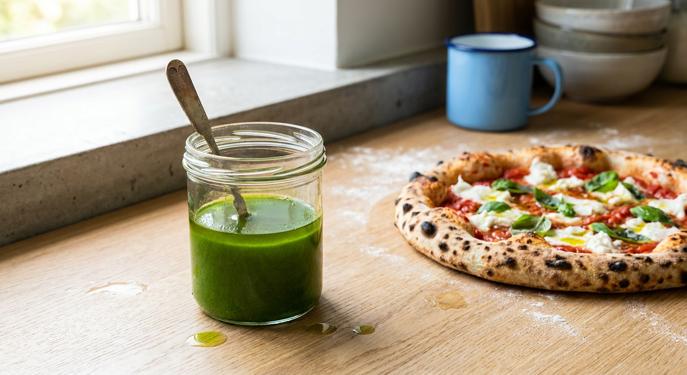 En glaskrukke med dybgrøn basilikumolie på et køkkenbord ved siden af en friskbagt pizza.
