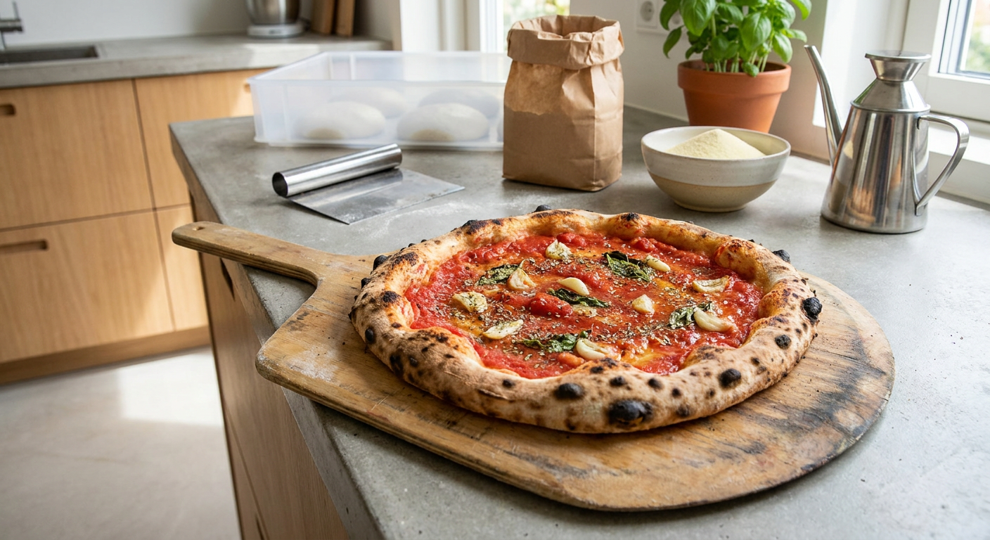 En autentisk Pizza Marinara med tydelige leopardpletter på cornicionen placeret på et meldrysset køkkenbord.