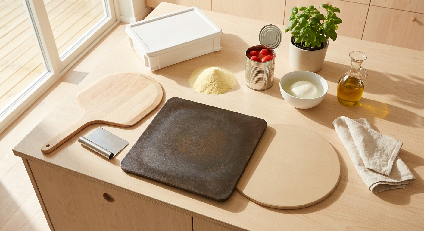 Opstilling af bageudstyr med pizzastål, semola, San Marzano tomater og frisk basilikum i et lyst køkken.