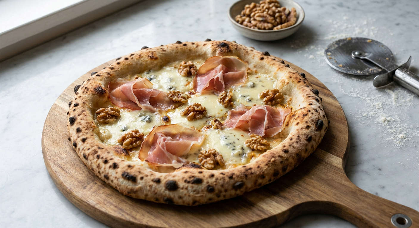 En færdigbagt hvid pizza med smeltet gorgonzola, skiver af speck, valnødder og leopardpletter på kanten.
