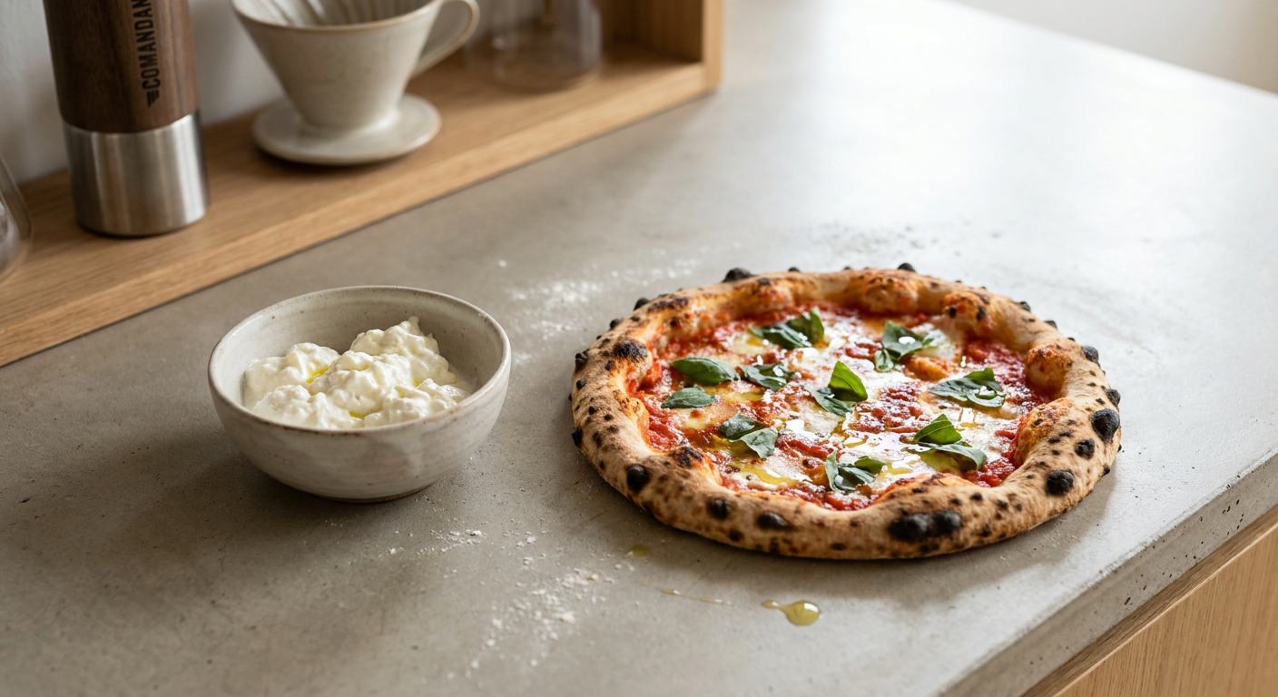 Hjemmelavet stracciatella i en lille lertøjsskål ved siden af en friskbagt pizza.